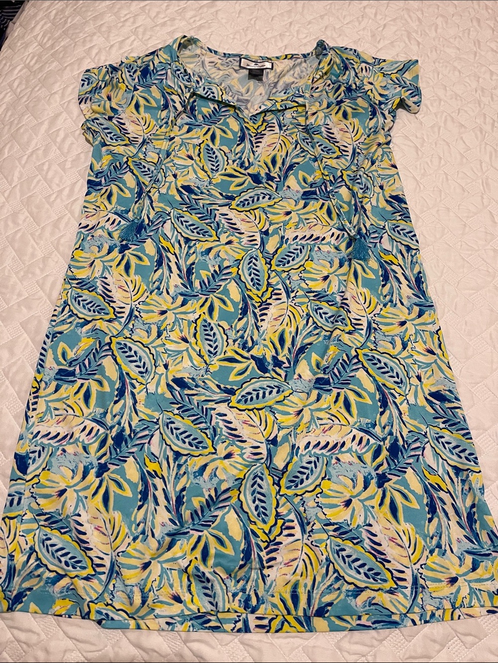 Girls' Leaf-Print Casual Dress - Blue & Yellow